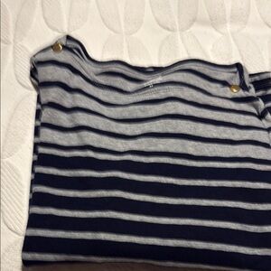Striped Navy and Gray Top with Gold Button Accents